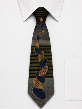 CONTE di MILANO Striped Patterned Silk Tie in Olive, Navy & Gold